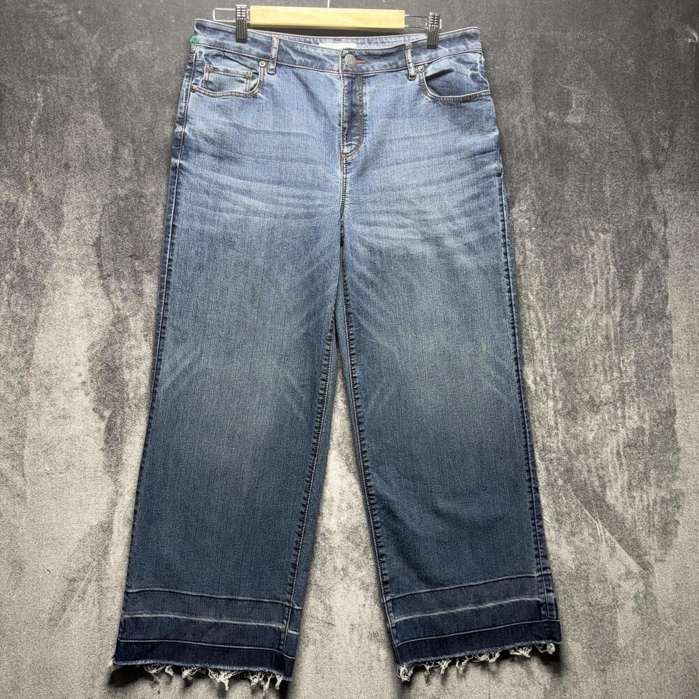 LOFT Jeans Womens 10 Blue High Rise Wide Leg Crop Fringe Hem Stretch Denim